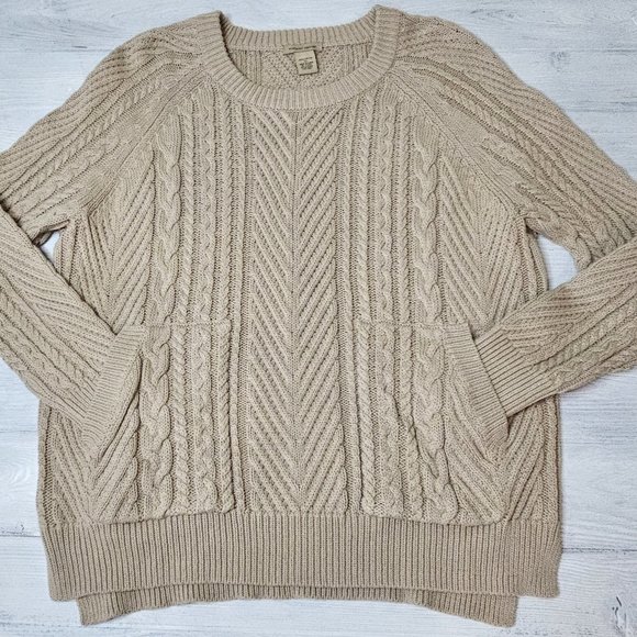 Vertical Design Camel Cream Eggshell Cable Knit Sweater w/ Front Pockets EUC! XL - Picture 1 of 12